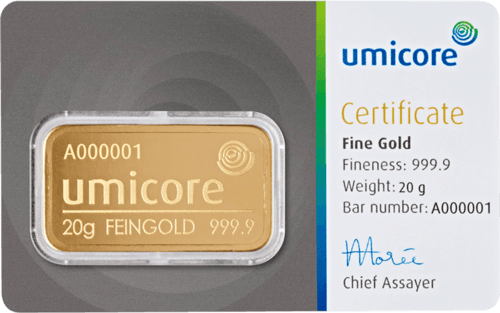 Vorderseite Goldbarren 20 Gramm in spezieller Blisterkarte mit Zertifikat, der Hersteller Umicore