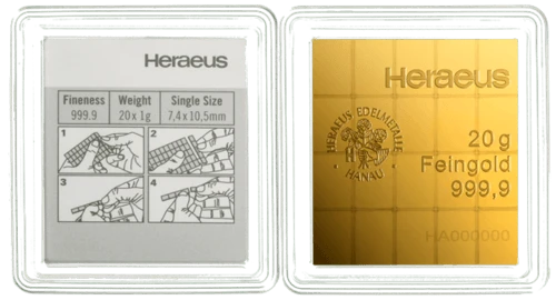 20 x 1 g CombiBar Goldtafel Heraeus Rückseite