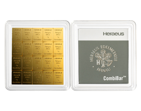 Rückseite Goldbarren CombiBar Goldtafel 20x1 Gramm in spezieller Blisterkarte mit Zertifikat, der Hersteller Heraeus
