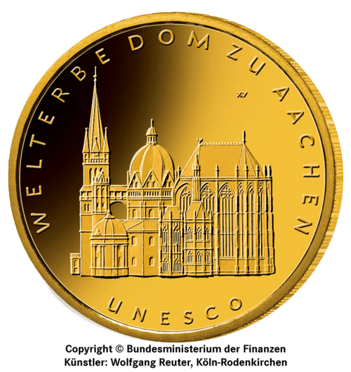 Vorderseite Goldmünze 1/2 Unze 100 Euro Deutschland 2012 UNESCO Welterbe - Aachener Dom, der Hersteller Div. dt. Prägeanstalten