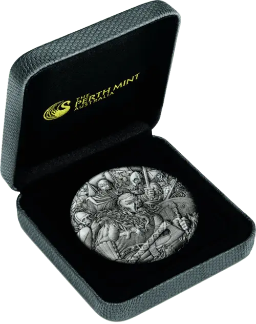 Schachtel 2 Unzen Silber Kriegsführung Wikinger 2018, von dem Hersteller Perth Mint