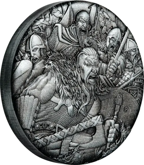 Seitenansicht 2 Unzen Silber Kriegsführung Wikinger 2018, von dem Hersteller Perth Mint