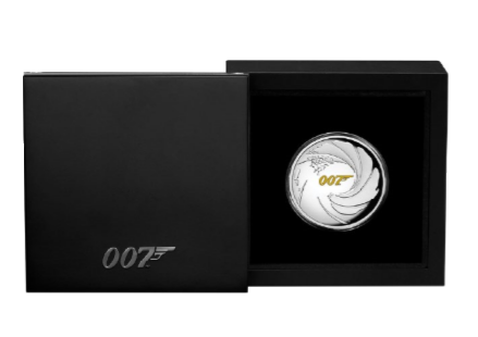Vorderseite 1 Unze Silber 007 James Bond 2020 - Polierte Platte / High Relief mit schwarzer Verpackung, von dem Hersteller Perth Mint
