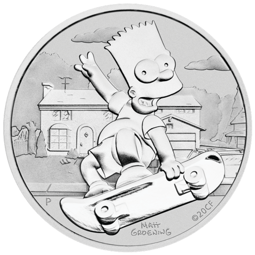 Vorderseite der 1 Unze Silber The Simpsons Bart Simpson 2020 von Hersteller Perth Mint