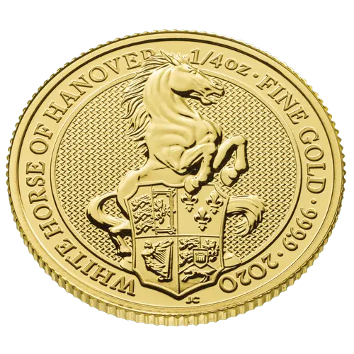 Obenansicht Vorderseite Goldmünze 1/4 Unze The Queen´s Beasts - White Horse of Hanover 2020, der Hersteller Royal Mint