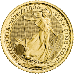 Vorderseite Goldmünze 1/10 Unze Britannia 2023, der Hersteller Royal Mint