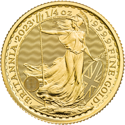Vorderseite Goldmünze 1/4 Unze Britannia 2023, der Hersteller Royal Mint