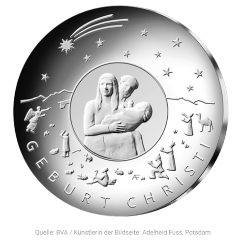 Vorderseite der 25 Euro Sammlermünze Weihnachten Geburt Christi 2021 von Hersteller Münze Deutschland
