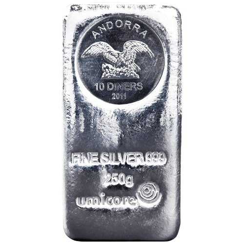 Der 250g Umicore Silber Münzbarren mit Andorra-Münzemblem |  250 Gramm Umicore Silber-Münzbarren mit Andorra-Münzemblem