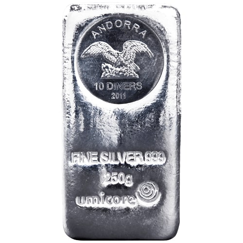 Der 250g Umicore Silber Münzbarren mit Andorra-Münzemblem | 250 Gramm Umicore Silber-Münzbarren mit Andorra-Münzemblem