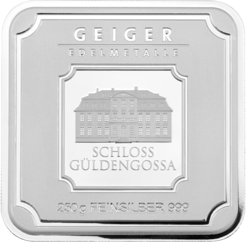 Vorderseite des 250 g Silberbarren Geiger original von Hersteller Geiger Edelmetalle AG