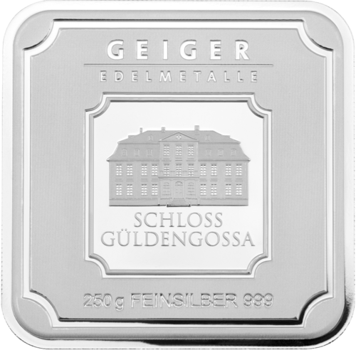 Vorderseite des 250 g Silberbarren Geiger original von Hersteller Geiger Edelmetalle AG