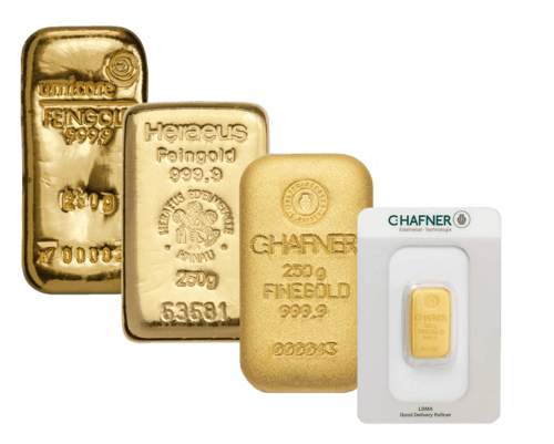 Goldbarren 250 Gramm von Heraeus, Umicore oder Degussa |  250 Gramm Goldbarrenvon Heraeus, Umicore oder Degussa