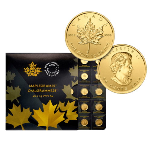 Vorderseite und Rückseite Goldmünze 1/25 Unze Maplegram Maple Leaf in spezieller Blisterkarte mit Zertifikat, der Hersteller Royal Canadian Mint	
