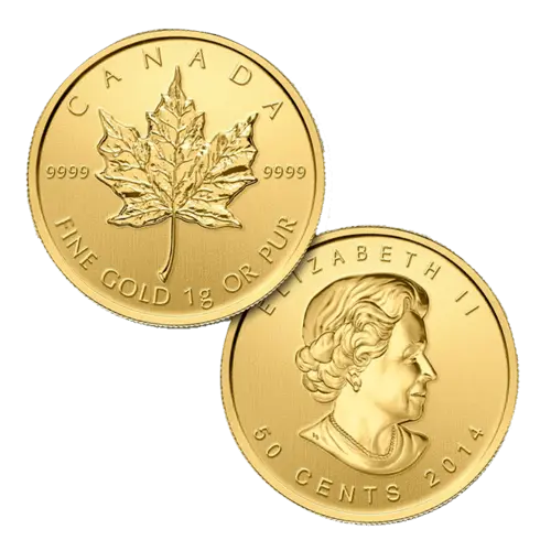 Vorderseite und Rückseite Goldmünze 1/25 Unze Maplegram Maple Leaf, der Hersteller Royal Canadian Mint	