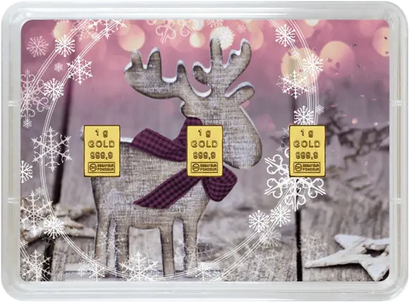 Vorderseite Geschenkgoldbarren Frohes Fest 3x1 Gramm, der Hersteller Valcambi