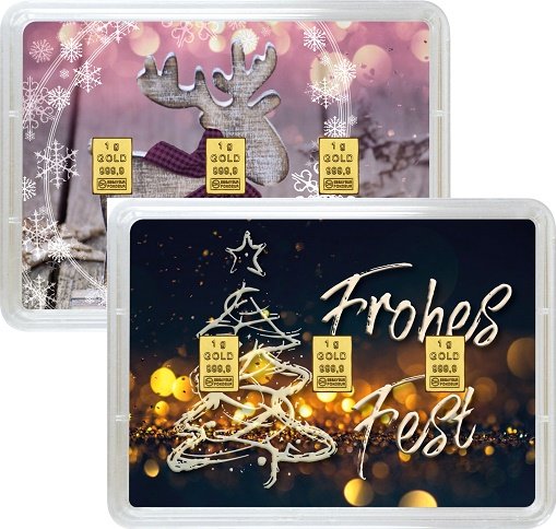 Vorderseite 2 unterschiedliche Geschenkgoldbarren Frohes Fest 3x1 Gramm, der Hersteller Valcambi