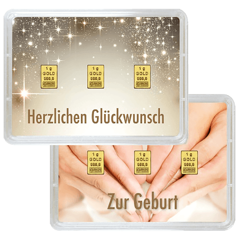 Vorderseite und Rückseite Geschenkgoldbarren Herzlichen Glückwunsch zur Geburt 3x1 Gramm, der Hersteller Valcambi