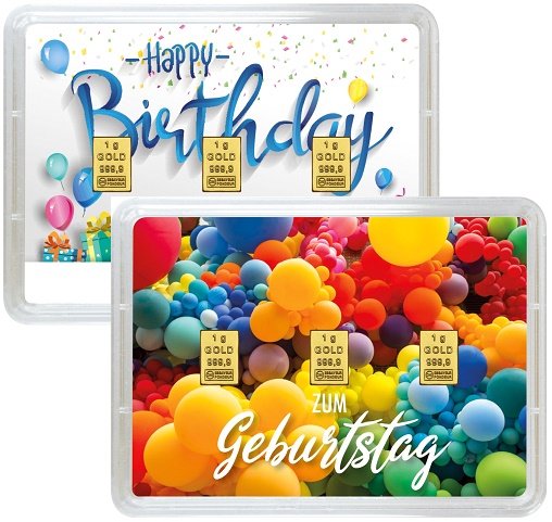 Vorderseite 2 unterschiedlicher Geschenkgoldbarren Happy Birthday 3x1 Gramm, der Hersteller Valcambi