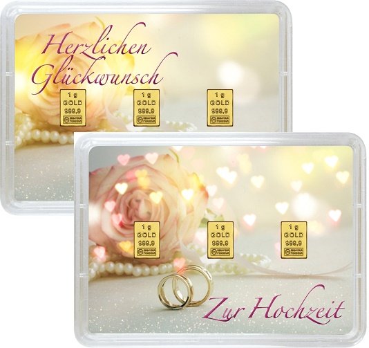 Vorderseite und Rückseite Geschenkgoldbarren Glückwunsch zur Hochzeit 3x1 Gramm, der Hersteller Valcambi