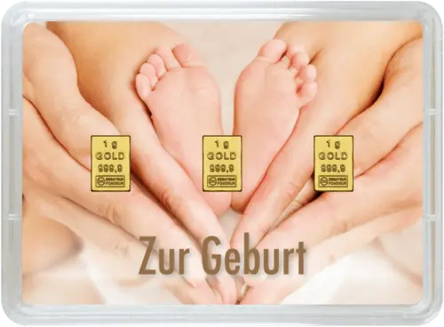Vorderseite Geschenkgoldbarren Herzlichen Glückwunsch zur Geburt 3x1 Gramm, der Hersteller Valcambi