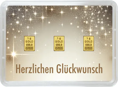 Rückseite Geschenkgoldbarren Herzlichen Glückwunsch zur Geburt 3x1 Gramm, der Hersteller Valcambi
