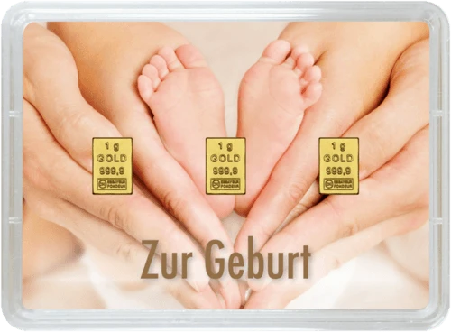 Vorderseite Geschenkgoldbarren Herzlichen Glückwunsch zur Geburt 3x1 Gramm, der Hersteller Valcambi