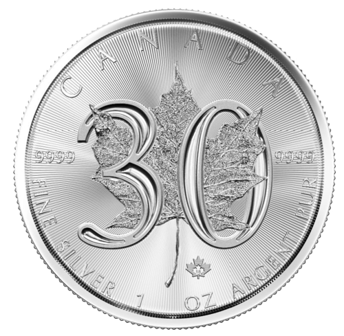Vorderseite der 1 Unze Silber Maple Leaf 30th Anniversary 2018 von Hersteller Royal Canadian Mint