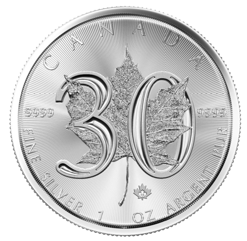 Vorderseite der 1 Unze Silber Maple Leaf 30th Anniversary 2018 von Hersteller Royal Canadian Mint