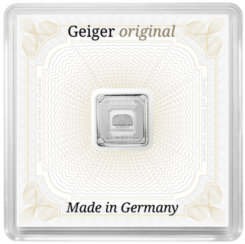 Vorderseite des 1 g Silberbarren Geiger original von Hersteller Geiger Edelmetalle AG