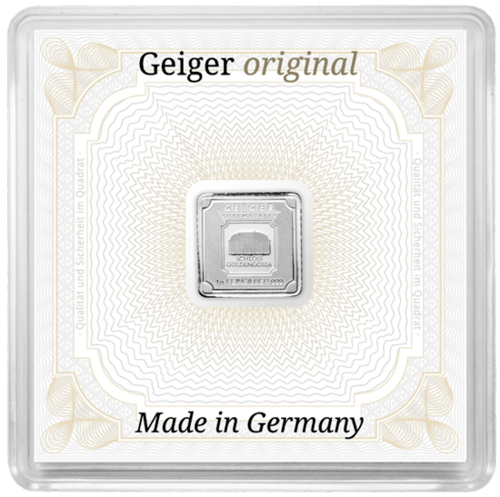 Vorderseite des 1 g Silberbarren Geiger original von Hersteller Geiger Edelmetalle AG