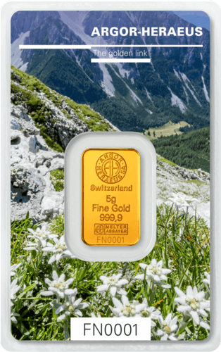 Vorderseite Goldbarren Following Nature Limited Edition Autumn 2019 5 Gramm, der Hersteller Argor-Heraeus