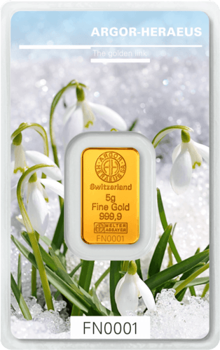Vorderseite Goldbarren Following Nature Limited Edition Winter 2019/20 5 Gramm, der Hersteller Argor-Heraeus
