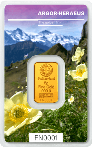 Vorderseite Goldbarren Following Nature Limited Edition Spring 2019 5 Gramm, der Hersteller Argor-Heraeus