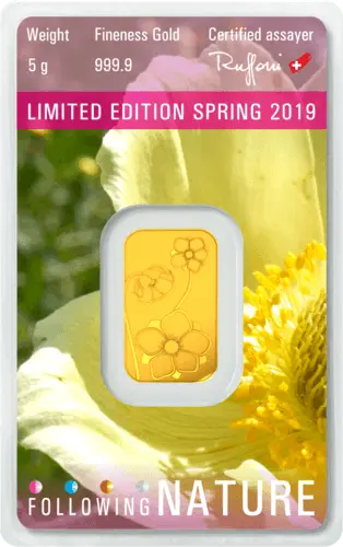 Rückseite Goldbarren Following Nature Limited Edition Spring 2019 5 Gramm, der Hersteller Argor-Heraeus