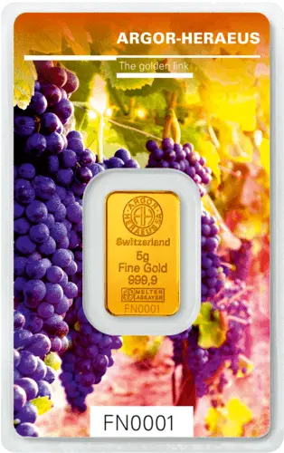 Vorderseite Goldbarren Following Nature Limited Edition Autumn 2018 5 Gramm, der Hersteller Argor-Heraeus