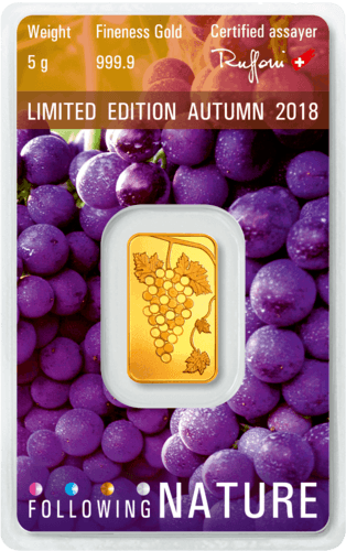 Rückseite Goldbarren Following Nature Limited Edition Autumn 2018 5 Gramm, der Hersteller Argor-Heraeus