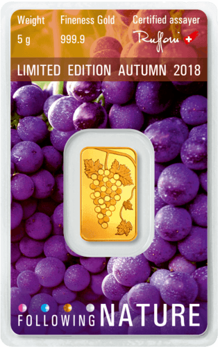 Rückseite Goldbarren Following Nature Limited Edition Autumn 2018 5 Gramm, der Hersteller Argor-Heraeus