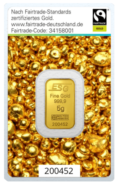 Vorderseite Goldbarren 5 Gramm in spezieller Blisterkarte mit Zertifikat, der Hersteller Argor-Heraeus