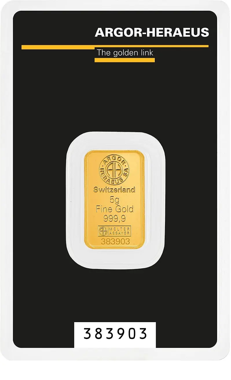 Vorderseite der 5 gram Goldbarren von Argor-Heraeus Vorderseite der 5 gram Goldbarren von Argor-Heraeus