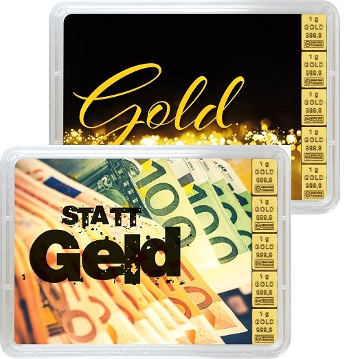 Vorderseite 2 Geschenkgoldbarren Gold statt Geld 5x1 Gramm, der Hersteller Valcambi