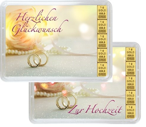 Vorderseite 2 Geschenkgoldbarren Glückwunsch zur Hochzeit 5x1 Gramm, der Hersteller Valcambi