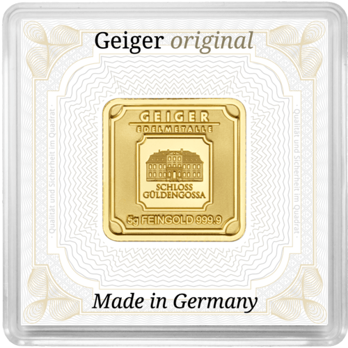 Vorderseite Goldbarren 5 Gramm in Sicherheitskapsel inkl. Echtheitszertifikat, der Hersteller Geiger Edelmetalle AG