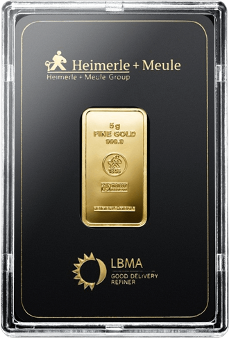 Vorderseite Goldbarren 5 Gramm in durchsichtigem Original Plastikblister eingeschweißt, der Hersteller Heimerle & Meule