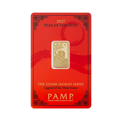 5 g Goldbarren Lunar Legend Of The Three Goats 2027 Motiv Geblistert 5 g Goldbarren Lunar Legend Of The Three Goats 2027 Motiv Geblistert