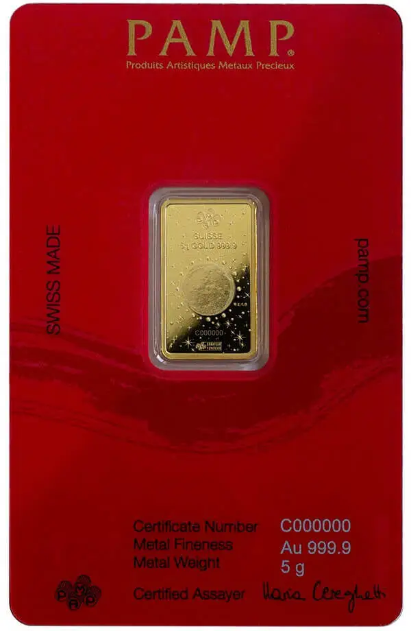 5 g Goldbarren PAMP Lunar Legends Azure Dragon 2024 Blister Rückseite