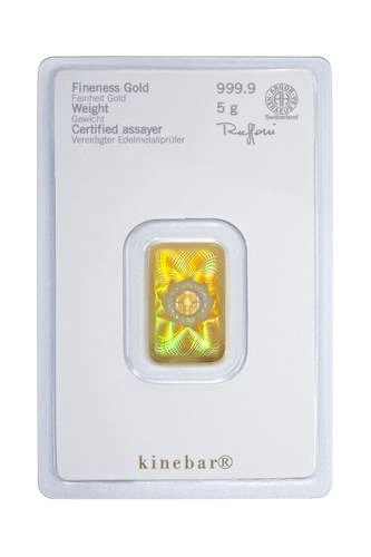 Vorderseite Goldbarren 5 Gramm in spezieller Blisterkarte mit Zertifikat, der Hersteller Heraeus