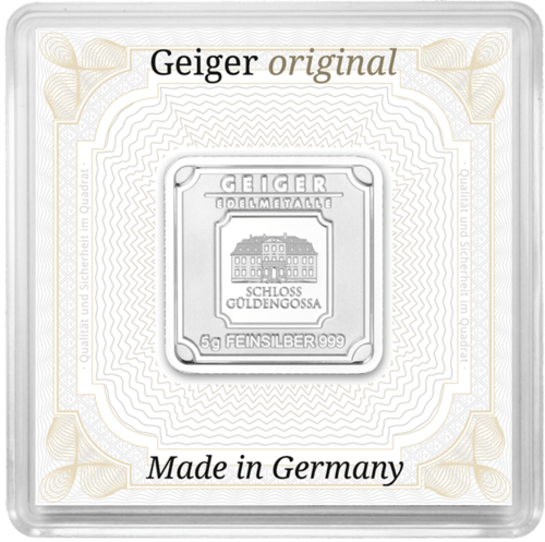 Vorderseite des 5 g Silberbarren Geiger original von Hersteller Geiger Edelmetalle AG