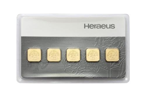 Vorderseite Goldbarren Multicard 5x1 Gramm in durchsichtigem Original Plastikblister eingeschweißt, der Hersteller Heraeus