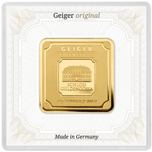 Vorderseite Goldbarren original 50 Gramm in Sicherheitskapsel inkl. Echtheitszertifikat, der Hersteller Geiger Edelmetalle AG